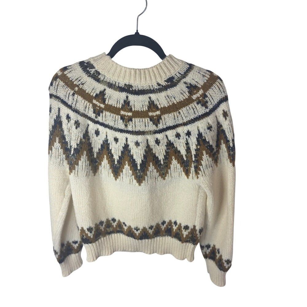 Heartloom Fair Isle Crewneck Sweater Cream Brown Navy Blue Knit Pullover XS - Picture 2 of 7